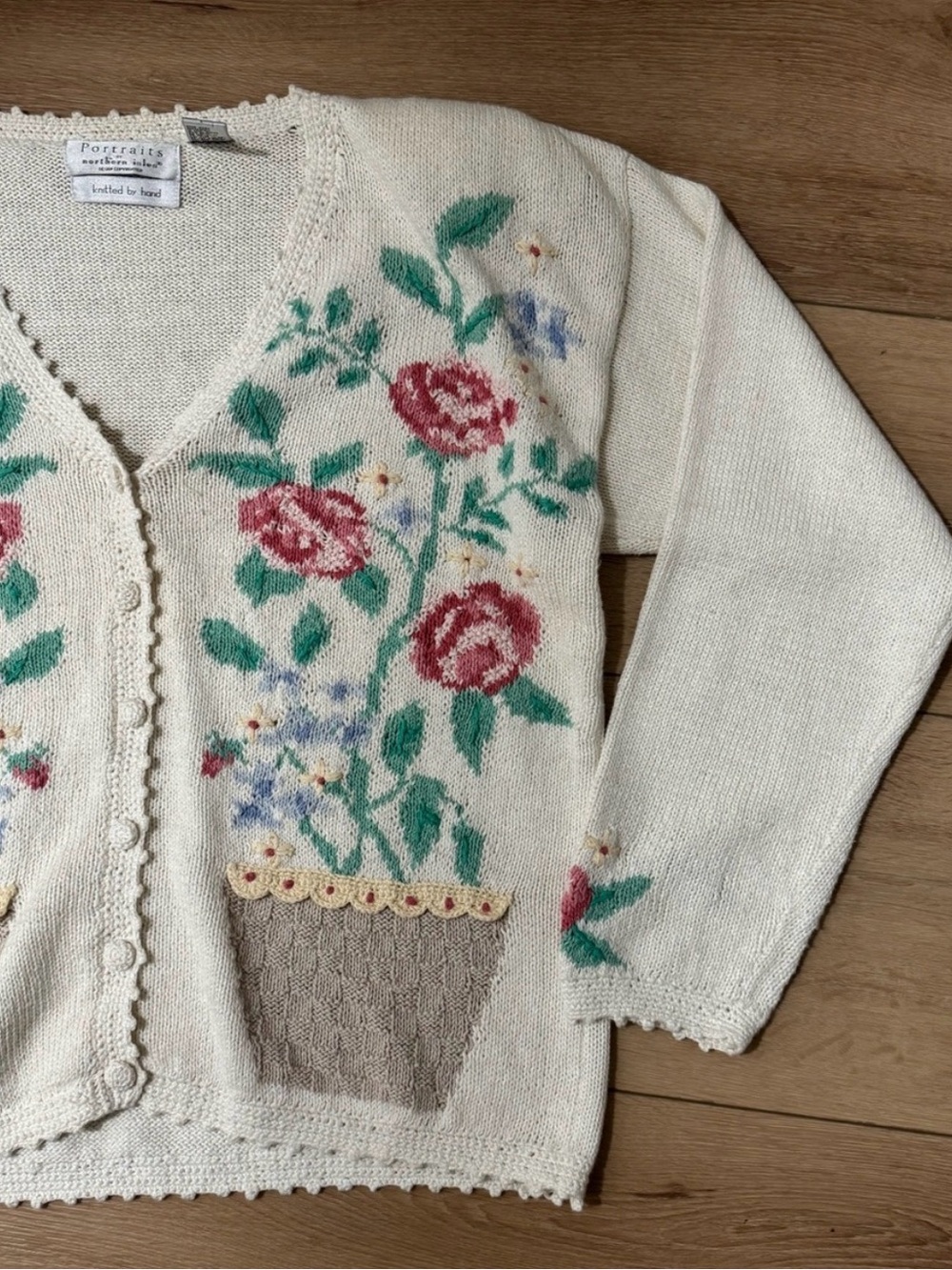🌷VTG Portraits Women’s Cream Pink Floral Plant Whimsy Cottagecore Sweater | L
